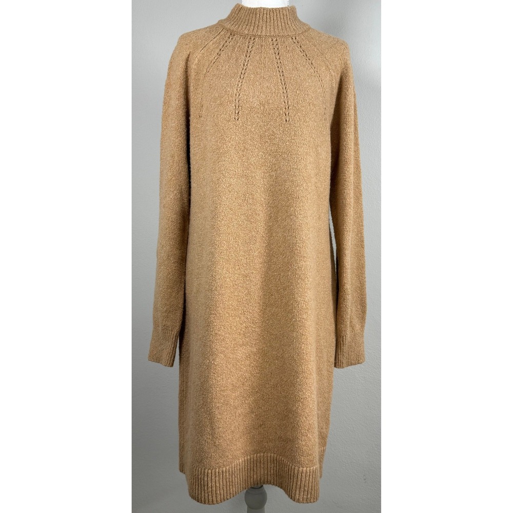 Land's End Boucle Sweater Dress Women's M Camel Knit Quiet Luxury Preppy Fall